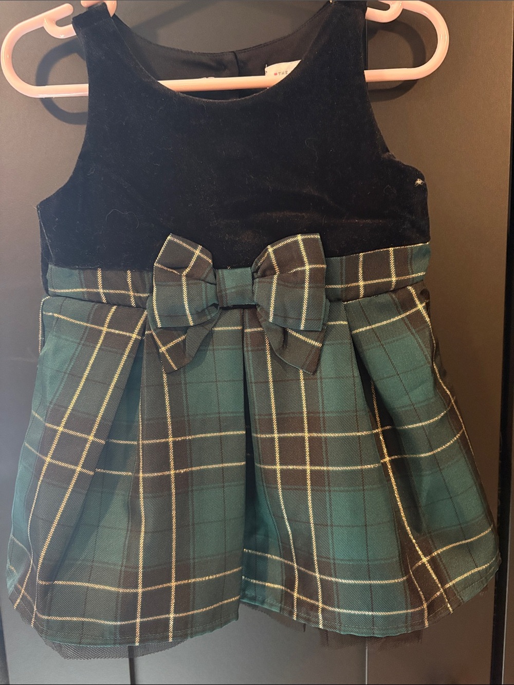 The Children's Place Black Velvet Top with Green Plaid Bow Holiday Dress